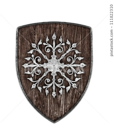 Old decorated wooden shield isolated on white background 111822310