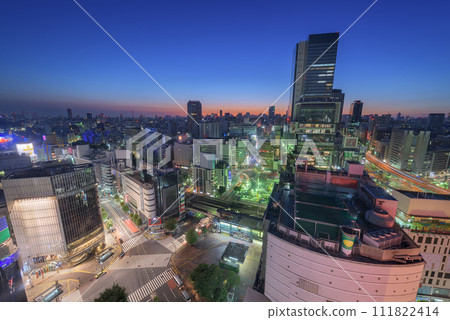 Shibuya, Tokyo, Japan Cityscape Over the Scramble Crosswalk 111822414