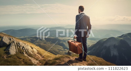 Businessman wearing formal suit and holding suitcase, standing on the mountain 111822623
