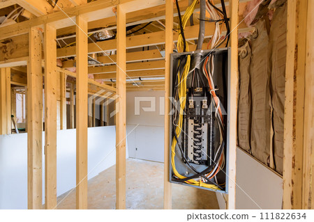 Switch box mounted on wall for circuit breaker is an electrical power control panel 111822634