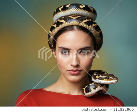 Portrait of a woman with a large snake. Portrait of a woman with a large snake. 111822900