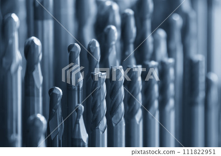 Close-up scene the group of used   cutter end mill tools. 111822951