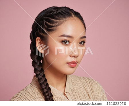 Portrait of an Asian woman with braided hair on a pink background. 111822958