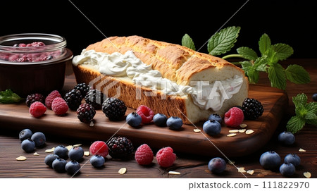 Bread with blueberry cream fruit for breakfast 111822970