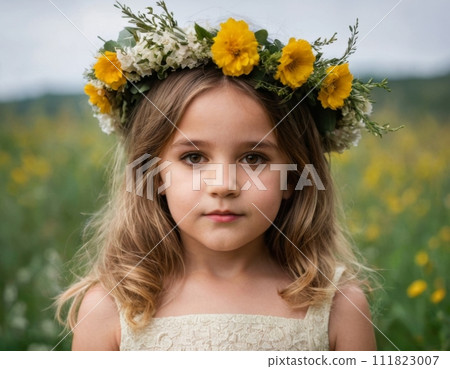 Portrait of a girl with yellow flowers. Portrait of a girl with yellow flowers. 111823007