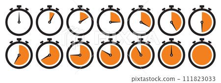Clock icon set in orange color. Stopwatch symbol set. Countdown clock stopwatch, timer vector illustation. Collection of timer icon set in orange color on white background. 111823033