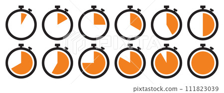 Stopwatch icon set in orange color. Stopwatch symbol set. Collection of timer icon set in orange color on white background. Countdown clock stopwatch, timer vector illustation. 111823039