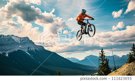 a mountain biker soaring through the air against a breathtaking mountainous backdrop 111823055