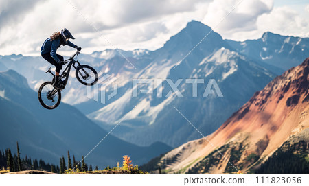 a mountain biker soaring through the air against a breathtaking mountainous backdrop 111823056