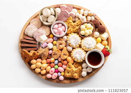 AI-generated content. Easter sweet charcuterie board with chocolate eggs, candies, cookies and marshmallows on white background. Top view. Festive holiday snack for kids. 111823057