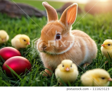 Easter bunny and little chick on a green meadow. 111823123