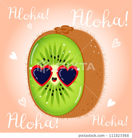 Cute funny Kiwi fruit character. Vector hand drawn cartoon kawaii character illustration icon. Isolated on pink background. Kiwi fruit character concept. Aloha card 111823368