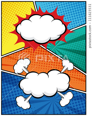 vertical abstract comic book, pop art cartoon layout template halftone dotted background with blank space 111823531