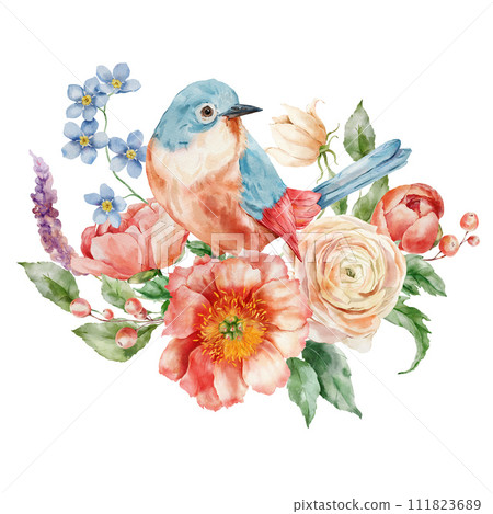 Watercolor bouquet of peonies, ranunculi, forget-me-not and song bird. Hand painted card of floral elements isolated on white background. Holiday flowers Illustration for design, print or background. 111823689