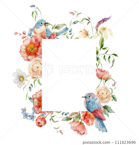 Watercolor frame of bouquet with peonies, ranunculi and song birds. Hand painted card of floral elements isolated on white background. Holiday flowers Illustration for design, print or background. 111823690