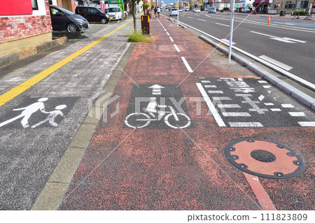 Pedestrian and vehicle separation sidewalk in central Saga City, Saga Prefecture 111823809
