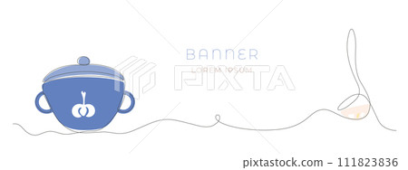 Continuous one line hand drawing hot soup pot, ladle banner. Vector poster with simole line. 111823836