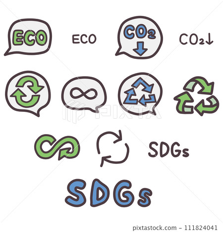 A set of hand-drawn letters and icons inspired by environmental protection and resource circulation, such as SDGs and ecology. 111824041