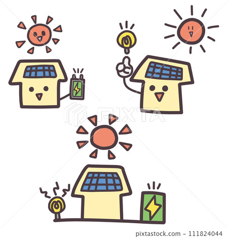 Illustration set of house characters and the sun, inspired by solar power generation at home Illustration set of house characters and the sun, inspired by solar power generation at home 111824044