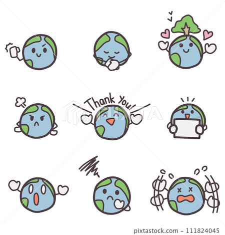 An illustration set of simply deformed Earth characters with various expressions. An illustration set of simply deformed Earth characters with various expressions. 111824045