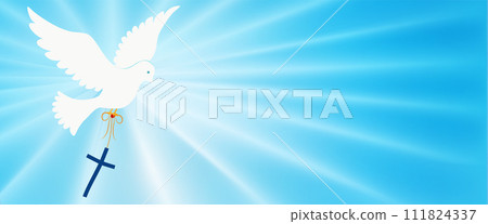 Abstract dove flying and carrying a Christian cross. Christian symbol. Light blue background with bright rays. Easter.Symbol of purity.Christian faith. Baptism.Holy Spirit. Evangelization 111824337