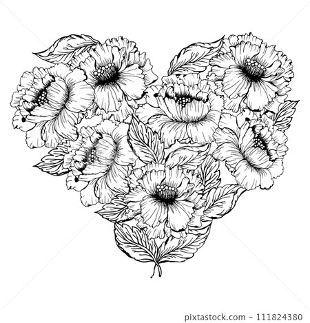 Line art Chines peonies flower with leaves hearts background, hand drawn floral elements for Valentines day. Vector illustrations for card or invitations, coloring book 111824380