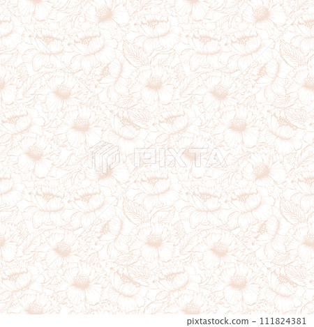 Chines peonies flower with leaves beige monochrome background, hand drawn line art floral elements for surface design. Vector seamless pattern for textile, fabric, wallpaper, scrapbook 111824381
