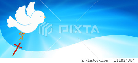 Christian symbol. Cute dove flying and carrying a Christian cross. Sky background with bright rays. Easter. Symbol of purity. Christian faith. Baptism. Holy Spirit. Evangelization.Banner 111824394