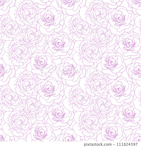 Camellia pink line art flower seamless pattern. Delicate rose flower head for spring, girly background. Vector illustration for textile, scrapbook, fabric, wallpaper, card, invite 111824397