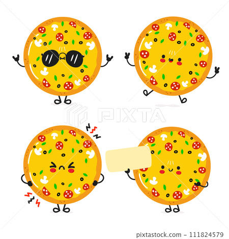 Funny Pizza characters bundle set. Vector hand drawn doodle style cartoon character illustration icon design. Cute Pizza mascot character collection 111824579