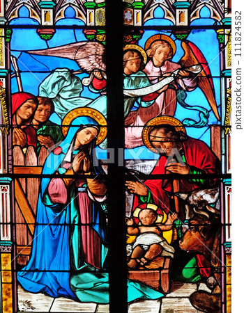 Nativity Scene, Birth of Jesus, stained glass windows in the Saint Eugene - Saint Cecilia Church, Paris, France 111824582
