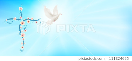 Flowered Christian cross and flying dove. Christian sign. Easter. Sign of purity. Christian faith. Baptism. Holy Spirit. Light blue background with bright rays. Evangelization. Banner 111824635