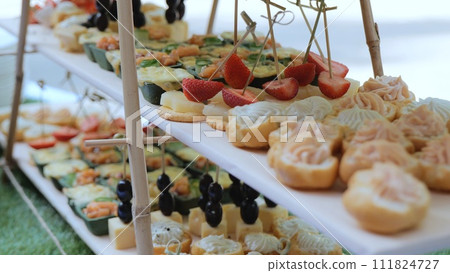 Catering on a banquet table with appetizers-canapes in a restaurant or hotel. Snacks on the table, catering concept. buffet food set for corporate day celebration. Catering on a banquet table with appetizers-canapes in a restaurant or hotel. Snacks on the table, catering concept. buffet food set for corporate day celebration. 111824727