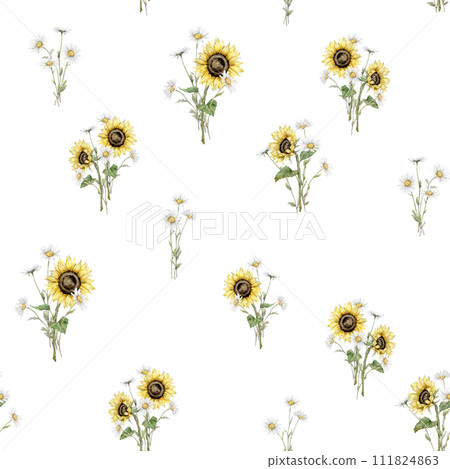Watercolor seamless pattern with bouquet of daisy and sunflower flowers. Watercolor hand drawing illustration on isolated white background. White and yellow summer botanical floral plants. Watercolor seamless pattern with bouquet of daisy and sunflower flowers. Watercolor hand drawing illustration on isolated white background. White and yellow summer botanical floral plants. 111824863