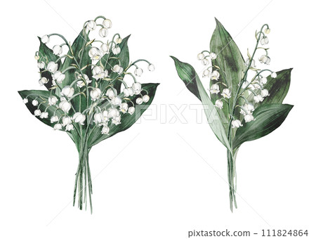 Watercolor flower arrangement set with white bouquets of delicate spring lilies of the valley. Design for printing postcards, invitations to weddings, birthdays, spring and summer holidays 111824864