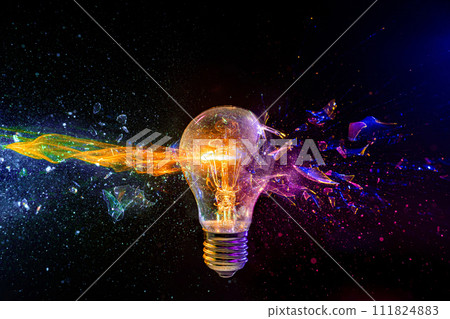 Exploding light bulb with colorful fragment splash 111824883