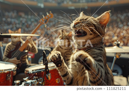 cat rock band performing a sold-out concert in a stadium packed with adoring fans, with the lead singer belting out meow-sical hits and the drummer keeping the beat 111825211