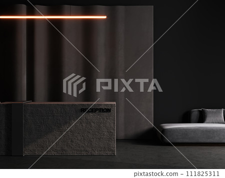 Luxury dark hall interior with concrete reception desk in hotel with plastered panel, fitness center, spa, beauty salon, front desk, 3d rendering Luxury dark hall interior with concrete reception desk in hotel with plastered panel, fitness center, spa, beauty salon, front desk, 3d rendering 111825311