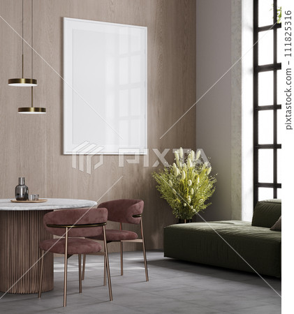 Big frame mockup in modern wooden interior background with pink chair, 3d rendering Big frame mockup in modern wooden interior background with pink chair, 3d rendering 111825316
