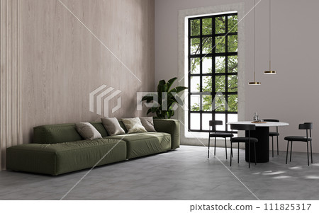 Stylish living room interior with green sofa mock up, modern interior background, empty wooden wall mockup, 3d illustration Stylish living room interior with green sofa mock up, modern interior background, empty wooden wall mockup, 3d illustration 111825317
