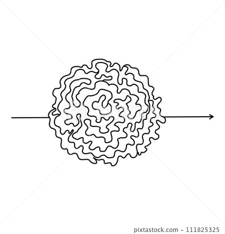 Chaotic line arrow. Doodle chaos simple drawn symbol, confused messy knot tangle scribbled line. Vector isolated. Tangled wires, complicated thoughts, brain confusion, problem solving Chaotic line arrow. Doodle chaos simple drawn symbol, confused messy knot tangle scribbled line. Vector isolated. Tangled wires, complicated thoughts, brain confusion, problem solving 111825325