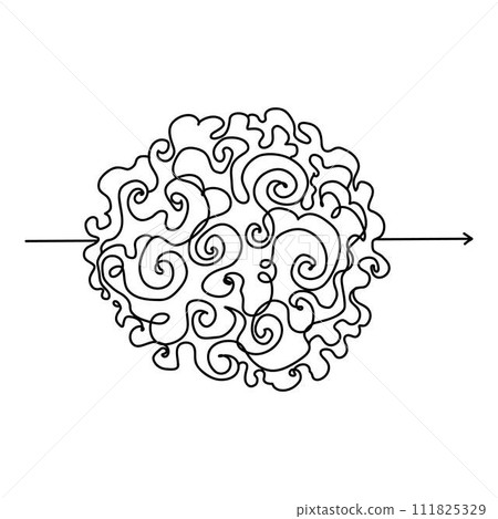 Chaotic line arrow. Doodle chaos simple drawn symbol, confused messy knot tangle scribbled line. Vector isolated. Tangled wires, complicated thoughts, brain confusion, problem solving Chaotic line arrow. Doodle chaos simple drawn symbol, confused messy knot tangle scribbled line. Vector isolated. Tangled wires, complicated thoughts, brain confusion, problem solving 111825329