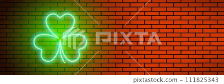 Neon Patrick's Day clover leaf or shamrock on the brick wall Neon Patrick's Day clover leaf or shamrock on the brick wall 111825343