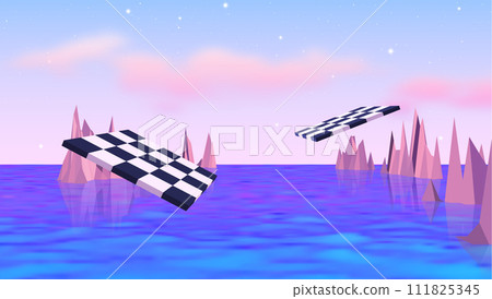 Checkered boards flying over the sea with mountains. Surreal landscape in y2k or vaporwave style. Checkered boards flying over the sea with mountains. Surreal landscape in y2k or vaporwave style. 111825345