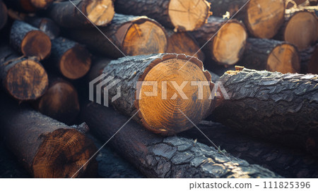 a bunch of wooden logs in full screen in morning light with light  111825396