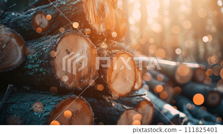 a bunch of wooden logs in full screen in morning light with light  111825401