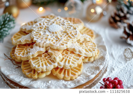 Traditional Italian pizzelle waffle cookies on white wooden background. Ai generated Traditional Italian pizzelle waffle cookies on white wooden background. Ai generated 111825638