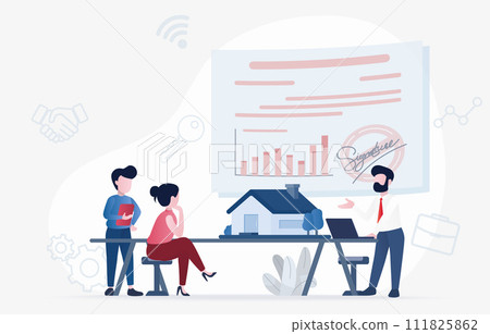 Business meeting and real estate mortgages concept. Agent presentation, house purchase agreement deal, data analysis, strategy management, sales strategy report. Flat vector design illustration. 111825862