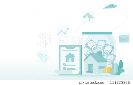 Saving money to buy a house. Financial deposit, investment, asset growth, planning, checklist, policy list, earning income to achieve own a home. Flat vector design illustration with copy space. Saving money to buy a house. Financial deposit, investment, asset growth, planning, checklist, policy list, earning income to achieve own a home. Flat vector design illustration with copy space. 111825866