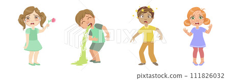 Sick Children Feel Unwell and Suffer from Illness Vector Set 111826032